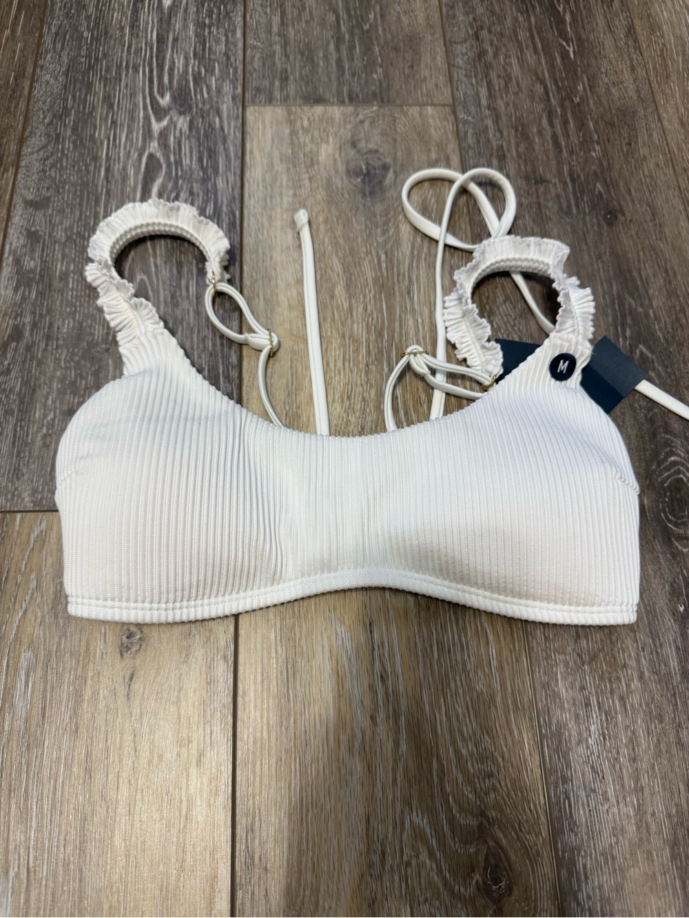 Hollister White Ribbed Swim Top with Ruffle Straps